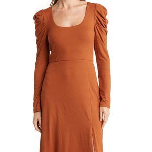 NEW NWT WAYF Puff Long Sleeves Midi Dress XL Knit Stretch Soft Rust Orange